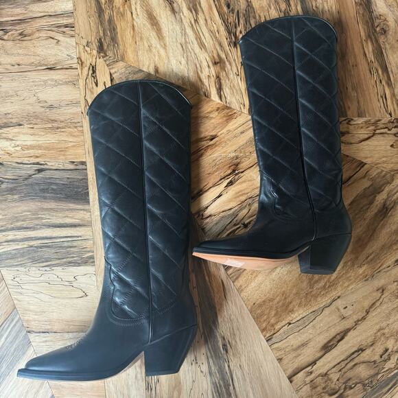 Sandro Quilted Leather Tall Cowboy Boots in Black - Picture 4 of 9